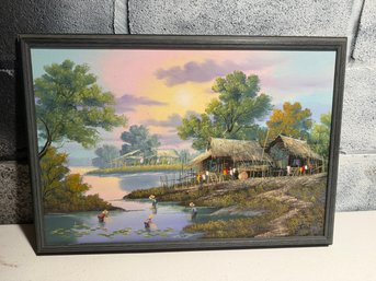 Signed Oil On Canvas Painting Of A Southeast Asian Riverside Village Scene.