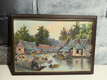 Signed Impressionist Oil Painting Of A Southeast Asian Floating Market
