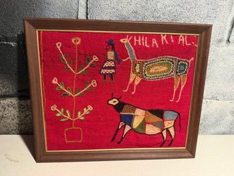 Framed Peruvian Embroidered Textile Art Depicting Folk Figures And Animals
