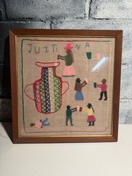 Framed Peruvian Folk Art Embroidery Depicting Figures And A Vase