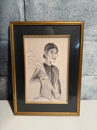 Framed Pencil Sketch Of An Asian Woman Holding Wheat By Artist Beky.