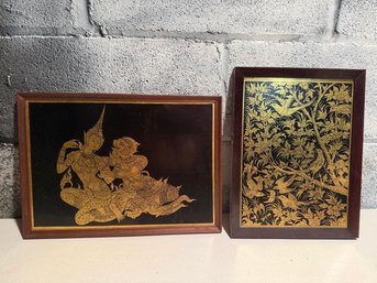 Two Framed Decorative Artworks In Thai Style With Gold Leaf On Black