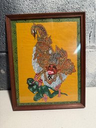 Framed Balinese Folk Art Textile Painting Depicting A Mythological Battle Scene