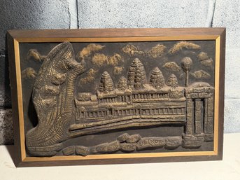 Framed Mid-century Cast Relief Of Angkor Wat Temple With Naga Motif