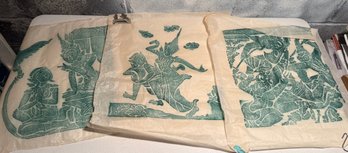 Traditional Southeast Asian Temple Rubbings On Rice Paper With Green Pigment