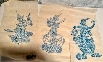 Vintage Southeast Asian Temple Rubbings On Rice Paper Blue