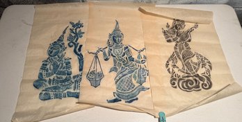 Vintage Thai Temple Rubbings On Rice Paper Featuring Traditional Figures 2 Blue 1 Black