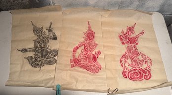 Three Vintage Thai Temple Rubbings On Rice Paper 2 Red. 1 Black