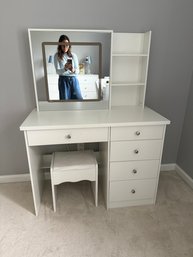 Modern White Vanity Desk With A Lighted Mirror And Stool