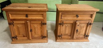 Pair Of Rustic Pine Nightstands With Drawers And Cabinets Made In Mexico