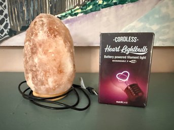 Himalayan Salt Lamp And Cordless Heart Light Bulb