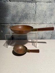 Set Of Two Antique Copper Pans With Wooden Handles And Brass Fittings