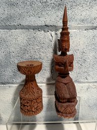 Vintage Wooden Statue, Thai Celestial Figure Kneeling In A Praying Pose, & Carved Wooden Candle Holder