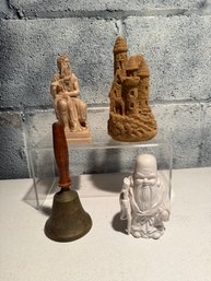 Seated Philosopher, Sandcastle Model, Metal Hand Bell With Wooden Handle, & White Bisque Holy Man