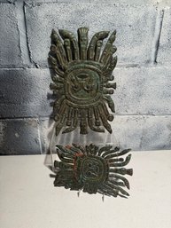 Two Bronze Or Copper Incan-style Sun Deity Plaques With Verdigris Patina