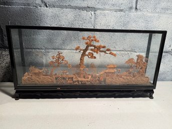 Vintage Chinese Carved Cork Diorama Depicting A Landscape With Pagodas.