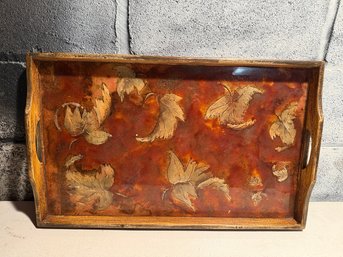 Art Nouveau Inlaid Marquetry Serving Tray With Leaf Motifs.