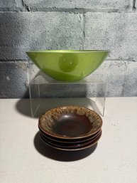 Vintage Ceramic Bowls, Likely Featuring A Brown Drip Glaze Pattern & Vibrant Lime Green Enamel Bowl