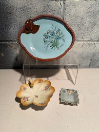 Buchan Pottery Hand-painted Stoneware Dish W/ Blue Base, Brown Braided Border, Leaf Shaped Dish & More