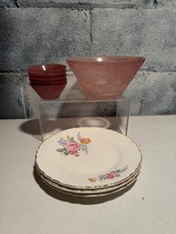 Pink Serving Fruit Bowl With Small Bowls, And Floral Plates