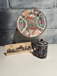 Chinese Rose Medallion Plate, Chinese Porcelain Tea Mug W/ A Lid, & Artwork Of The Grand Palace In Thailand