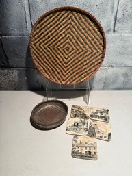 Vintage Woven Basket Wall Hanging, Chinese Silver Wire Woven Bread Basket & Historic British Coasters
