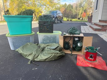 Christmas Lights, Tree Stand, Garland, Outdoor Light Timers And Red Buckets