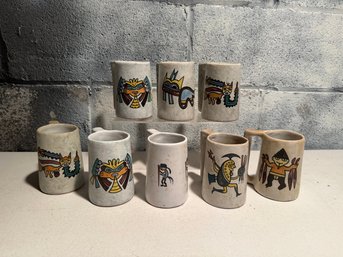 Set Of Seven Los Reyes Ceramic Mugs With Peruvian Painted Designs.