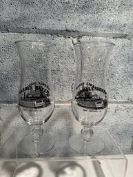 Pair Of Clear Glass Hurricane Glasses Featuring The Creole Queen Riverboat