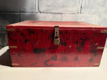 Vintage Red Wooden Storage Box With Metal Reinforcements And Stenciled Lettering