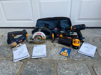 Ryobi: 18V Jigsaw P521, 5.5in 18V Circular Saw P501, 1/2in 18V Drill-driver P206, 18V Batteries, Charge Plus