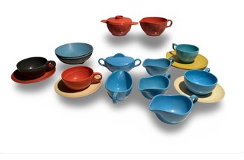 Capac, And Durawear Melmac Mix Of Cups, Saucers, Plates, Bowls Creamer And Sugar