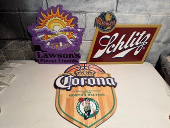 Three Vintage-Style Beer And Brewery Advertising Signs: Lawsons, Schlitz, & Wooden Corona