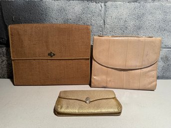 Burlap Portfolio Bag, Vintage 1980s Snakeskin Clutch Purse, &. Gold Metallic Evening Bag