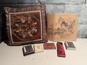 Antique Chinese Silk Embroidery Pillow, Traditional Chinese Ink Wash Landscape Painting On Xuan Paper, & More