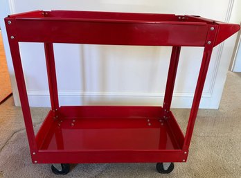 Red Utility Cart Features Two Sturdy Steel Tray Shelves