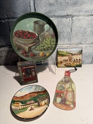 Collection Of Decorative Kitchen Items Featuring Vineyard And European Architectural Scenes