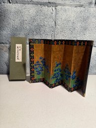 Miniature Japanese Folding Screen With Blue Irises On A Gold Background