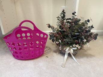 Faux Flower Wall Decor And Plastic Basket