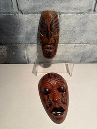 Vintage Hand-carved, Painted Indonesian Wooden Tribal Mask & Contemporary Hand-carved Maori-style Wooden Mask