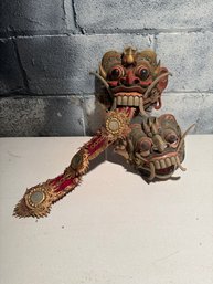 Carved Wooden Balinese Barong Or Rangda Mask With Ornate Gilded Attachment