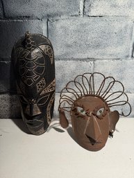 Contemporary Folk Art Mask Crafted From Rusted Metal/wire, Carved Wooden Decorative Mask Featuring A Turtle