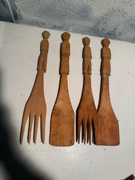 Set Of Four Hand-carved Wooden African Utensils With Figural Handles