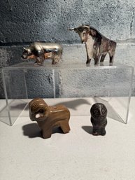 Stylized Chrome Bull/bear Figurine, Tano Stone Zem Figure & Wood Glazed Ram