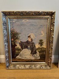 Framed Needlepoint A Young Woman In A Garden Setting.