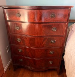 Northern Furniture Co Mahogany Flame Veneer Bowfront Dresser With Rope-twist Hardware.