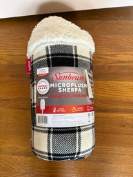 Sunbeam Microplush Sherpa Heated Blanket Black/white Plaid 50x80