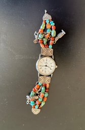 Peyote Designs Sterling, Turquoise And Beads Watch