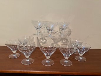 Set Of Ten Mid-century Etched Glass Cordial Or Wine Glasses.
