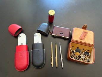 Funky Lot: Cufflinks, Shaving Brush, Decks Of Umbra Cards In Case, Opera Glasses Gold Plates Cross Pens